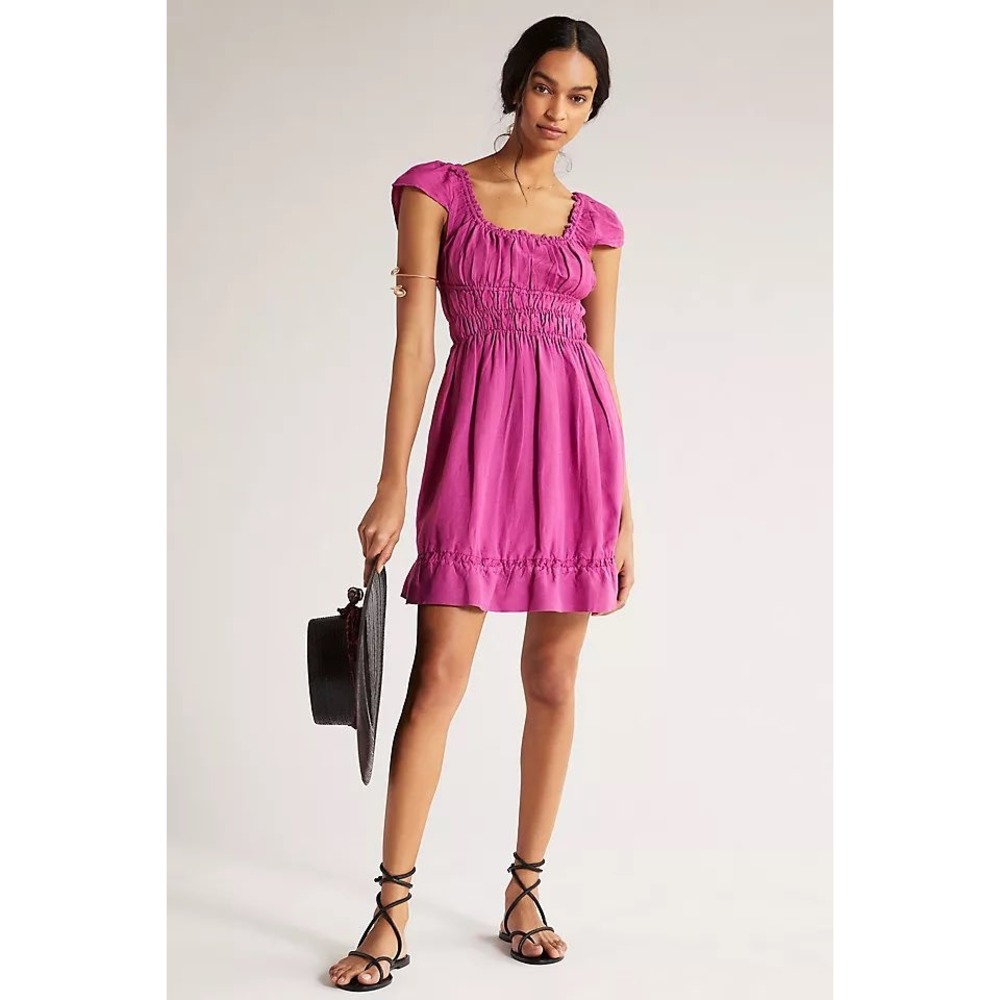 Anthropologie Magenta Smocked Open Back Mini Dress Flutter Sleeve Purple Boho